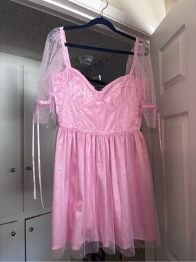 NWT Sugar Thrillz Pink Sparkle Mesh Puff Sleeve Mini Dress